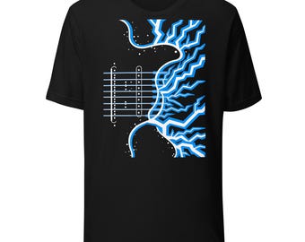May include: A black short-sleeve t-shirt featuring a graphic design on the front. The design depicts the silhouette of an electric guitar body in white and blue, with lightning bolt patterns and horizontal lines representing guitar strings.