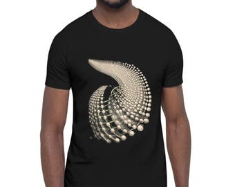 May include: A black short-sleeved t-shirt featuring a graphic print of a swirling, three-dimensional abstract structure composed of numerous small, light-colored spheres arranged in a curved, vortex-like pattern against a dark background.