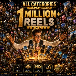 Puede incluir: Un gráfico promocional digital que muestra a una persona con gafas y chaleco, rodeada por una serie flotante de numerosas miniaturas de vídeo. El texto dice ALL CATEGORIES IN ONE BUNDLE 1 MILLION+ REELS BUNDLE, con iconos de HD, contenido viral y acceso de por vida.