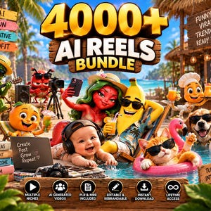 May include: A digital graphic titled 4000+ AI REELS BUNDLE featuring cartoon characters including a cactus, orange, watermelon, banana, baby, cat, and dog in a pool setting. Text includes AI FUN CREATIVE PROFIT, VIRAL IDEAS, and GOOD VIBES ONLY.