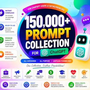 Könnte beinhalten: Eine digitale Grafikwerbung für eine Sammlung von über 150.000 Prompts für ChatGPT. Das Design zeigt ein zentrales kreisförmiges Abzeichen mit fettem Text, eine kleine weiße Roboterfigur und verschiedene Symbole für Kategorien wie Business, Marketing und Finanzen.