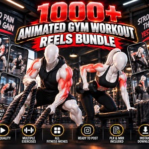 Puede incluir: Un paquete digital de más de 1000 reels de entrenamiento de gimnasio animados con figuras estilizadas realizando ejercicios. El texto incluye 1000+ ANIMATED GYM WORKOUT REELS BUNDLE, NO PAIN NO GAIN, STRONGER THAN YESTERDAY, LIFT TRAIN GROW, HD QUALITY.