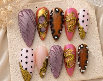 Faux ongles serpent dorés faits main, imitation écaille de tortue, art 3D de luxe (réutilisables)