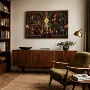 May include: A rectangular wall art piece featuring a dark, gothic-inspired composition with multiple arched panels. The central panel depicts a glowing golden cross above a kneeling figure, surrounded by various figures in red, gold, and dark tones.
