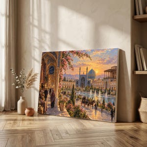 May include: A rectangular wall art print depicting a vibrant sunset scene of an ornate Middle Eastern architectural complex with a large blue dome, arched walkways, a reflecting pool, horse-drawn carriages, and people walking along a stone path.