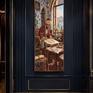 Può includere: Una stampa artistica da parete verticale incorniciata che raffigura una persona con turbante e veste rossa seduta a una scrivania in legno, intenta a scrivere su un manoscritto. La scena presenta piastrelle blu e bianche e tappeti decorati.