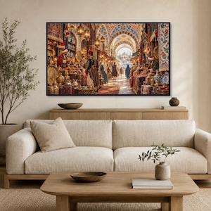 May include: A rectangular wall art print depicting a bustling Middle Eastern bazaar with arched stone architecture, intricate patterned textiles, golden metalware, and figures in traditional clothing walking toward a distant mosque.