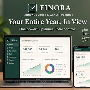 May include: A laptop and smartphone displaying the Finora Annual Budget & Wealth Planner interface. The screen shows a Command Center dashboard with net worth, spending, savings rate, and growth charts. Text includes Finora, Your Entire Year, In View, One powerful planner. Total control., and Plan Track Grow.