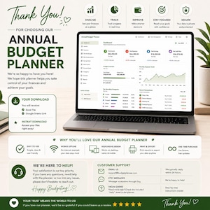 May include: A digital annual budget planner displayed on a laptop screen, featuring a dashboard with financial charts, income, expense, and savings trackers. The layout includes sections for download instructions, features, and customer support contact details.