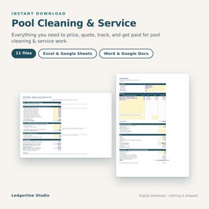 Puede incluir: Un conjunto de descarga digital para la gestión de negocios de limpieza y servicio de piscinas. Incluye 11 archivos compatibles con Excel, Google Sheets, Word y Google Docs, con plantillas de estimación y tarifas en tonos azul oscuro y amarillo.