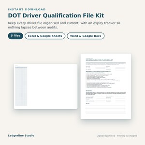 May include: A DOT Driver Qualification File Kit digital download featuring five files compatible with Excel, Google Sheets, Word, and Google Docs. The kit includes a driver qualification file checklist and a tracking spreadsheet for compliance.