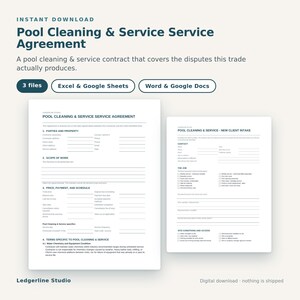 May include: A digital Pool Cleaning & Service Service Agreement template set including three files compatible with Excel, Google Sheets, Word, and Google Docs. The documents feature sections for parties, property, scope of work, and client intake forms.