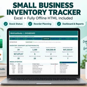 May include: A laptop screen displaying a Small Business Inventory Tracker dashboard with columns for active products, stock status, and reorder planning. The interface includes Excel and HTML icons, with text reading MintVelaStudio and Organize Stock Grow Smarter.