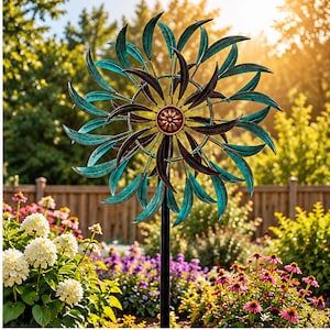 May include: A dual-rotor wind spinner featuring curved, leaf-shaped metal blades in a teal and copper patina finish. The circular design radiates from a central copper-toned hub, mounted on a vertical black metal pole for garden display.