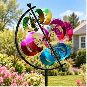 May include: A kinetic garden spinner featuring a black metal frame and multiple rotating crescent-shaped blades in a vibrant rainbow gradient of red, orange, yellow, green, blue, and purple, mounted on a central vertical pole for outdoor display.