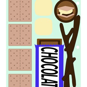 May include: A sticker sheet featuring four brown square graham crackers with dotted lines, two pale yellow marshmallows, a brown chocolate bar in a blue wrapper labeled CHOCOLATE, a brown s'more icon, and a dark brown roasting stick illustration.