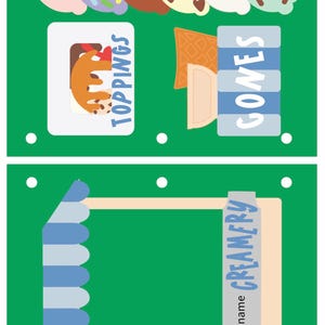 Puede incluir: Una hoja de carpeta verde con gráficos de helados, incluyendo bolas, conos y coberturas. El texto dice TOPPINGS, CONES y CREAMERY, con un espacio etiquetado como Child's name. El diseño incluye un gráfico de toldo a rayas azules y blancas.