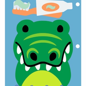 May include: A graphic illustration on a blue background featuring a green crocodile with a light green belly, white teeth, and black eyes. Above the crocodile is an orange toothbrush with mint green toothpaste and a white tube of toothpaste.