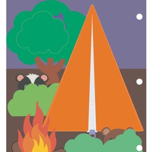 May include: A digital reference page illustration featuring an orange triangular tent with a central zipper, a green tree, a campfire with brown logs, and two small animals peeking from behind green bushes against a dark purple sky background.