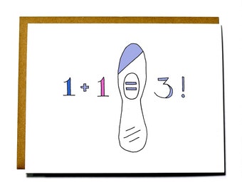 Funny new baby card, new mother new father card, 1 + 1 = 3, pregnancy card