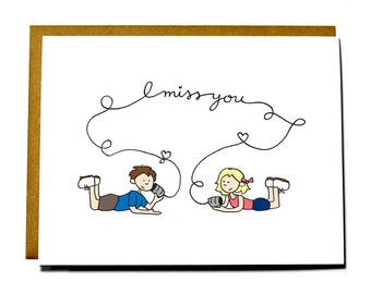 I miss you card - kids with tin cans, thinking of you card