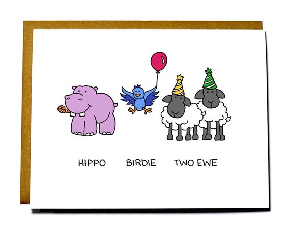 Funny Birthday Card Hippo Birdie Two Ewe Happy Birthday To Etsy