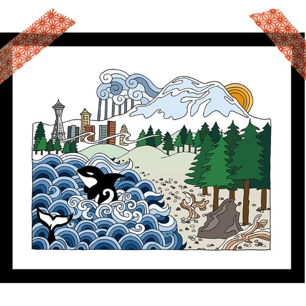 Washington print, Seattle, Mount Rainier, 8x10 illustrated print
