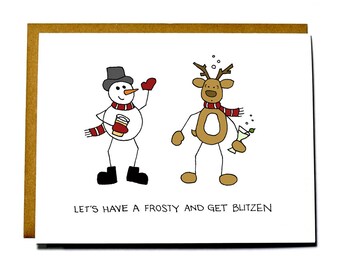 Funny Christmas card, Frosty, Blitzen, drinking, holiday drinks