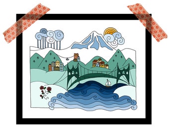 Portland city print, Mount Hood, 8x10 illustrated print