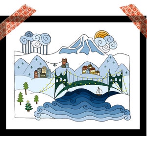 Portland city print, Mount Hood, 8x10 illustrated print White/Winter