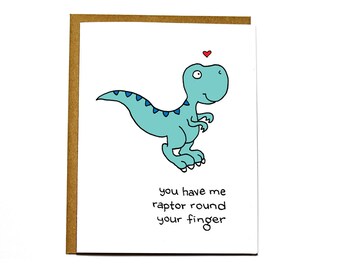 Raptor dinosaur funny Valentines Day card, I love you card, wedding card