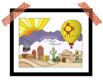 New Mexico, Albuquerque skyline, southwest 8x10 illustrated print