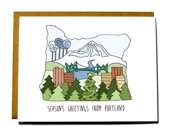 Seasons Greetings Portland Oregon card, Christmas card, Mount Hood