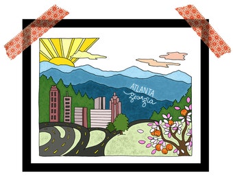 Georgia, Atlanta skyline, south Appalachians 8x10 illustrated print
