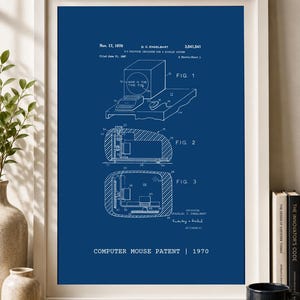 Vintage Computer Mouse Patent Canvas, 1970 Blueprint Tech Wall Art, Computer History Decor