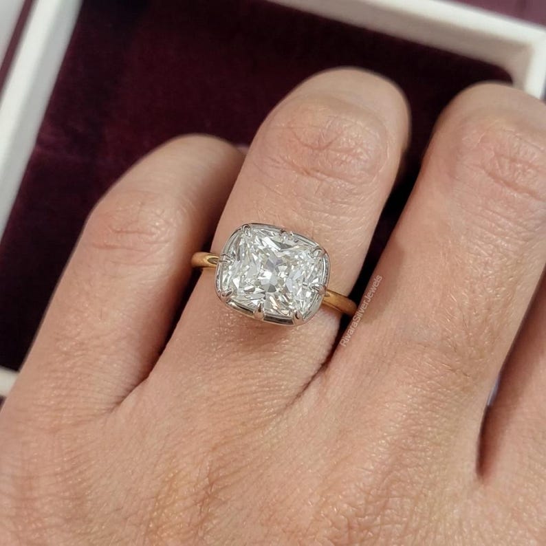 Elongated Cushion Cut Georgian Ring, East West Solitaire Gold Ring ...