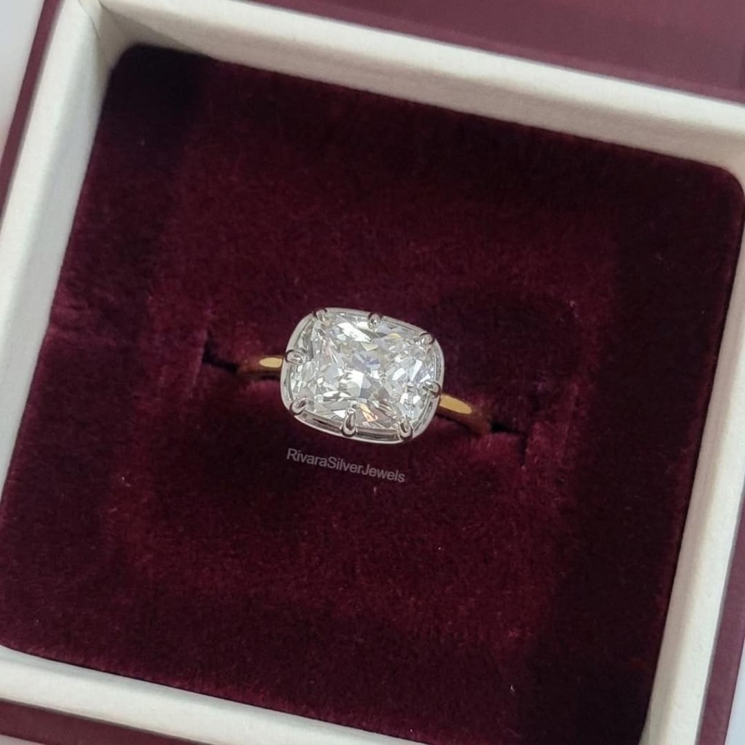 Elongated Cushion Cut Georgian Ring, East West Solitaire Gold Ring ...