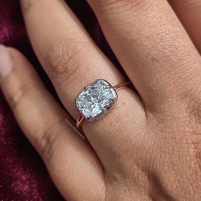 Elongated Cushion Cut Georgian Ring, East West Solitaire Gold Ring ...