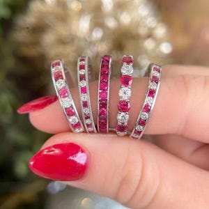 Pink Ruby Eternity Band, Round Cut Ruby & White Moissanite Ring, 925 Sterling Silver Wedding Band, Channel Set Birthstone Ring