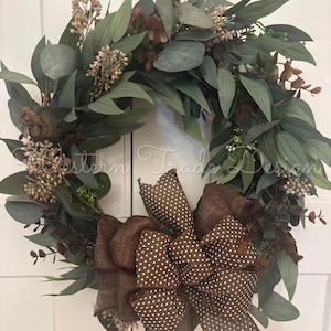 Brown Green Eucalyptus Laurel Wreath, Farmhouse Door Decor (19" W)