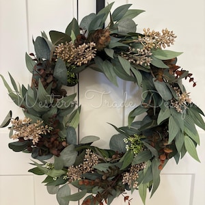 Brown Green Eucalyptus Laurel Wreath, 19" Farmhouse Door Decor