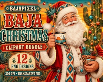 Baja Christmas Clipart Bundle, 12 Transparent PNG Designs for Sublimation and Cricut