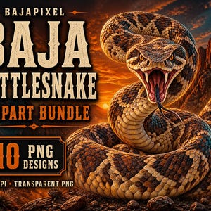 Puede incluir: Un gráfico digital que muestra una serpiente de cascabel enroscada con escamas marrones y bronceadas, la boca abierta y el cascabel levantado. El texto dice BAJAPIXEL BAJA RATTLESNAKE CLIPART BUNDLE 10 PNG DESIGNS 300 DPI TRANSPARENT PNG sobre un desierto.
