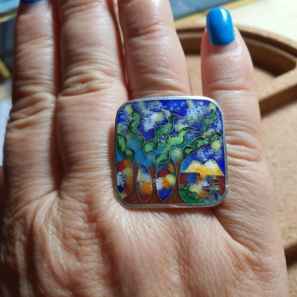 Genuine Giorgian minankari cloisonne enamel 925 sterling silver ring.size 7.5