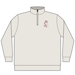 May include: A light beige quarter-zip sweatshirt featuring a small graphic on the left chest. The graphic depicts a white ghost character wearing a pink hair bow, heart-shaped sunglasses, and pink sneakers while holding a pink drink in one hand.