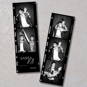 May include: Two black and white vertical photo strips featuring candid shots of two people. One strip displays the text SASHA 28 and 01.01.25. The other strip features the text Olivia & Ethan and 01/01/2025. Both strips have film sprocket borders.