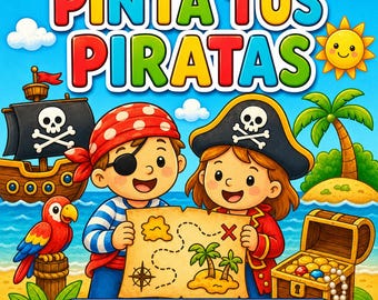 Libro infantil para colorear de piratas, PDF imprimible A4 con 10 dibujos, descarga digital