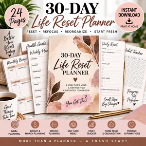 Könnte beinhalten: Ein 30-Tage-Lebens-Reset-Planer mit 24 Seiten, mit einem Einband mit Aquarellblättern und dem Text 30-Day Life Reset Planner, A Healthier Mind, A Happier You, A Brighter Tomorrow und You Got This, zusammen mit verschiedenen Planer-Einlagen.