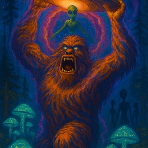 May include: A vibrant painting depicting a large, orange, furry creature with glowing yellow eyes and an open mouth, holding a glowing saucer-shaped craft above its head. A green alien stands atop the creature, surrounded by glowing blue mushrooms.