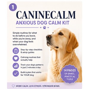 May include: A CanineCalm Anxious Dog Calm Kit informational card featuring a golden dog. The text reads: CanineCalm Anxious Dog Calm Kit, simple routines for what to do before you leave, while you're away, and when your dog feels overwhelmed, 14 pages of simple, practical tools, and more calm, less stress, stronger bond.